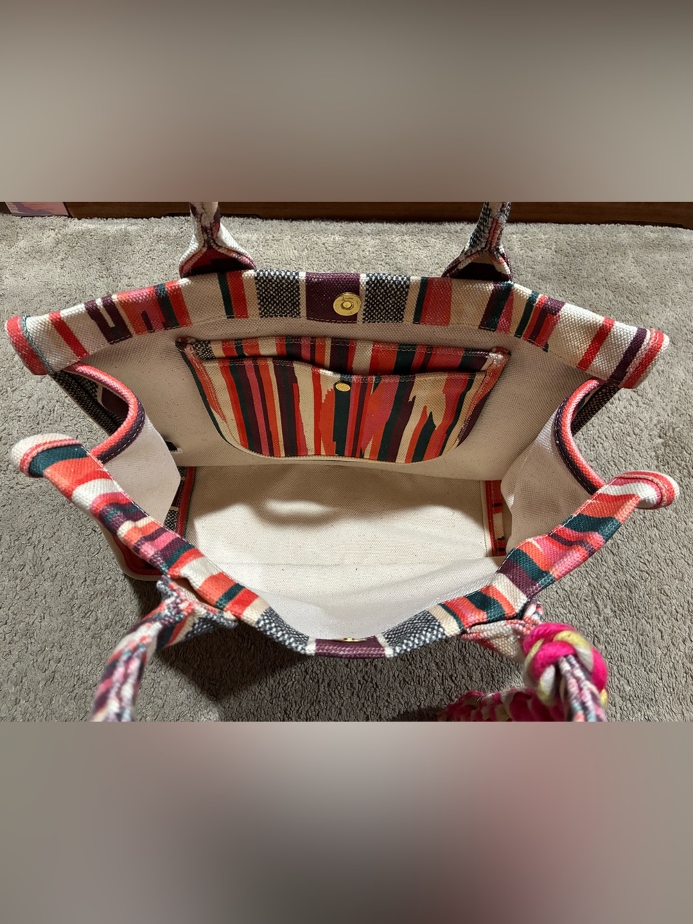 Vince Camuto Orla Cotton Canvas Stripe Large Tassel Tote Bag Pink Multi - Picture 7 of 16